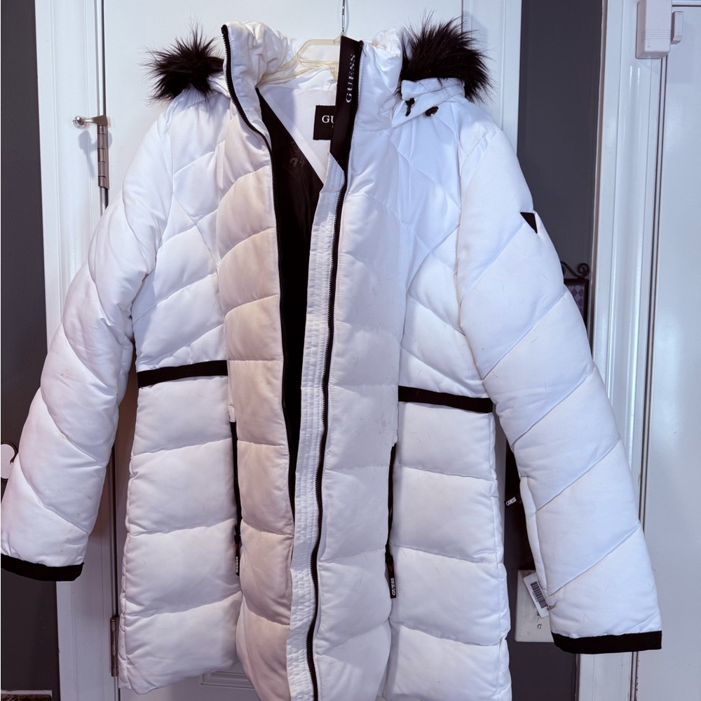 Guess White Puffer Jacket with Black Accents